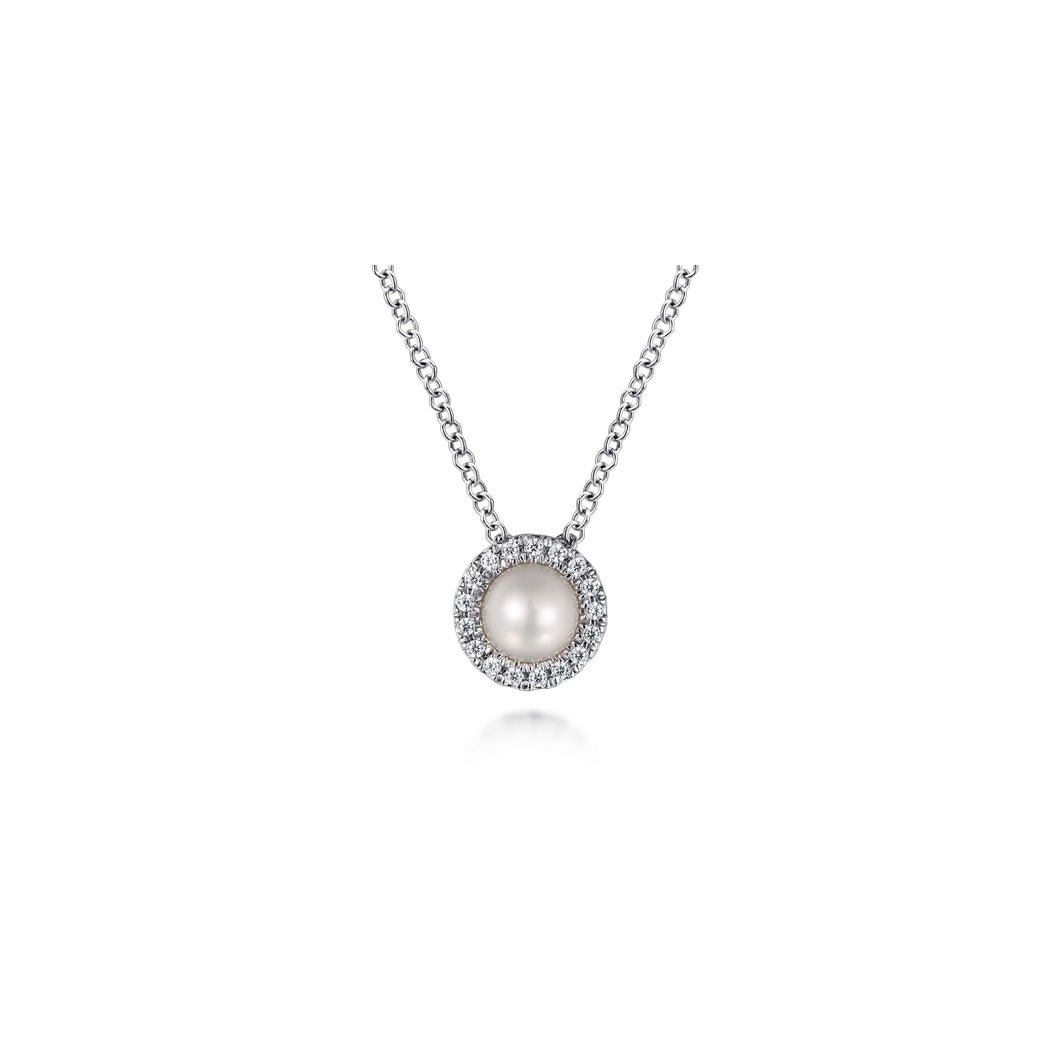 18 Inch 14K White Gold Pearl and Diamond Halo Pendant Neckla...