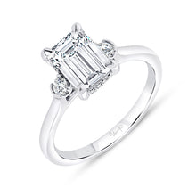 Load image into Gallery viewer, Platinum three stone underhalo engagement ring with 0.14ctw ...
