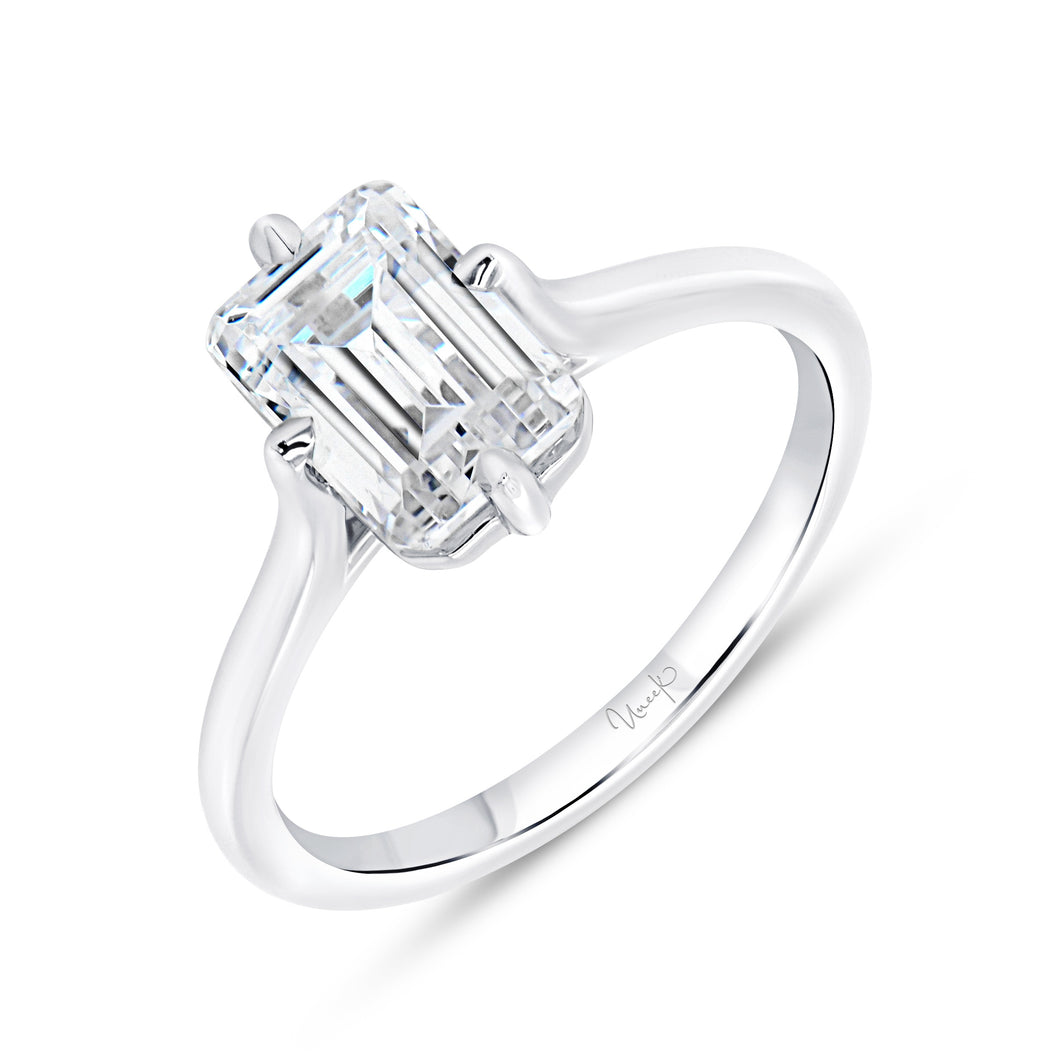 18KT white gold cathedral solitaire engagement ring, emerald...