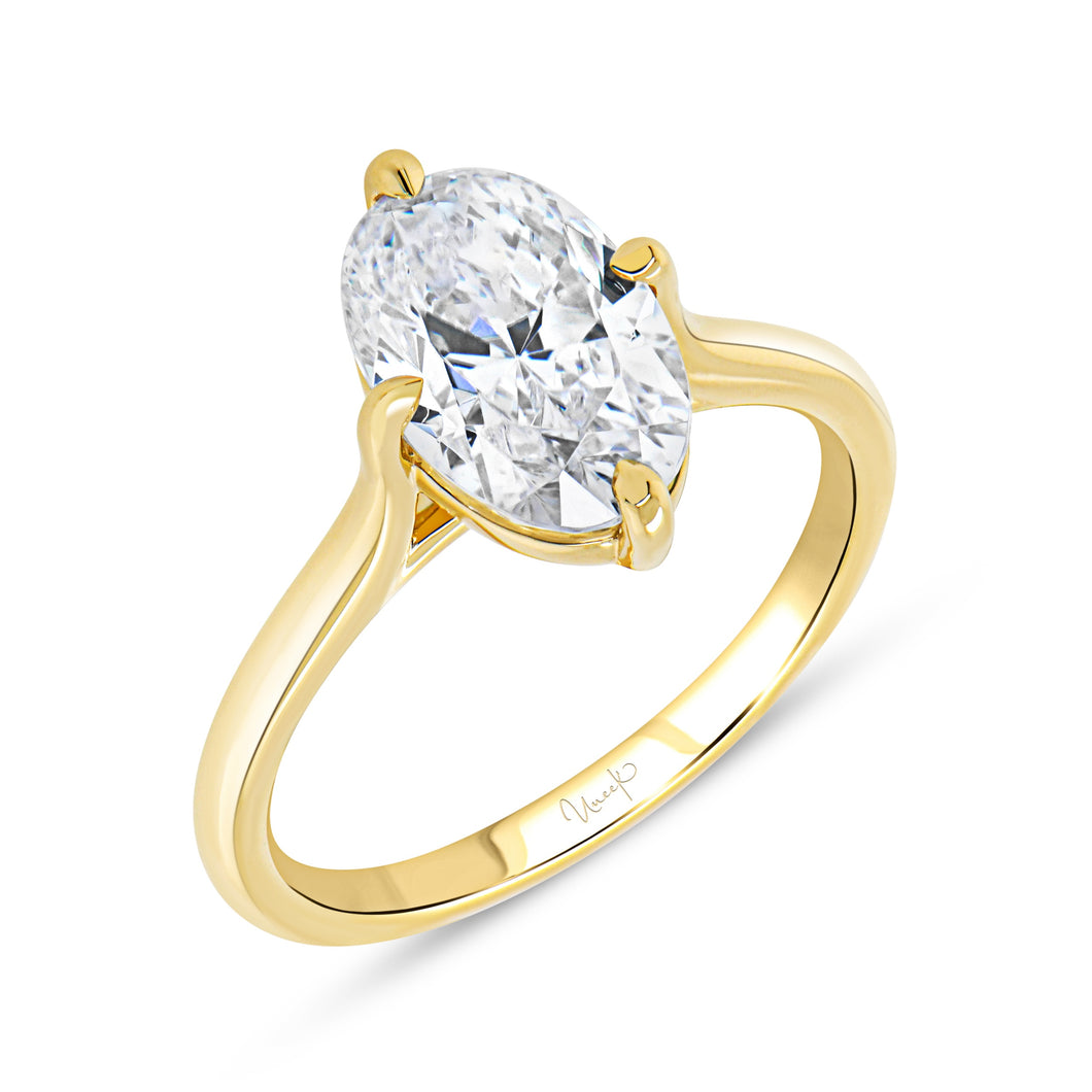 18KT yellow gold cathedral solitaire engagement ring, oval c...