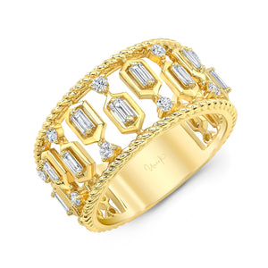 18KT Yellow Gold Baguette and Round Beaded Band with 0.43ctw...