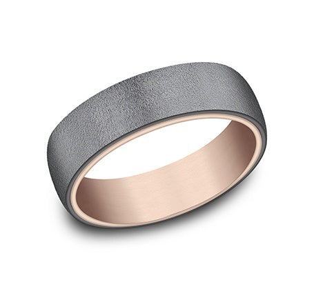 Dark tantalum and 14KT rose gold band, domed, wire brushed, ...