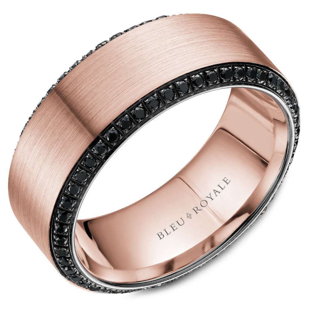 14KT rose gold band with brush center and 0.78ctw round blac...