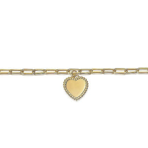 14KT yellow gold hollow paperclip bracelet with heart charm,...