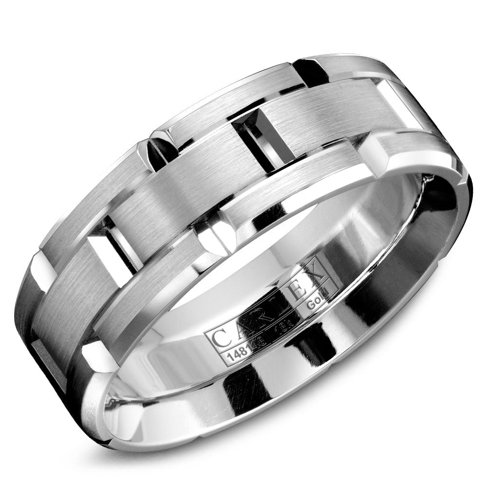 14KT white gold band with brushed center and polished cut/be...