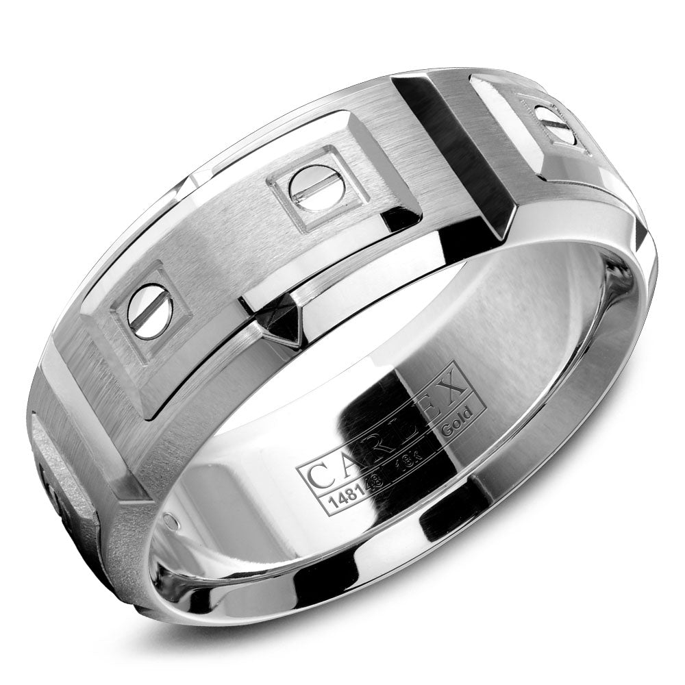 14KT white gold band with brushed with screws and polished, ...