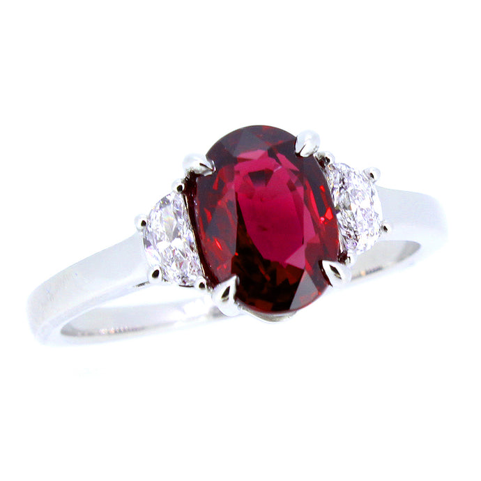 Platinum three stone ring with 2.04ct oval ruby, vivid red, ...