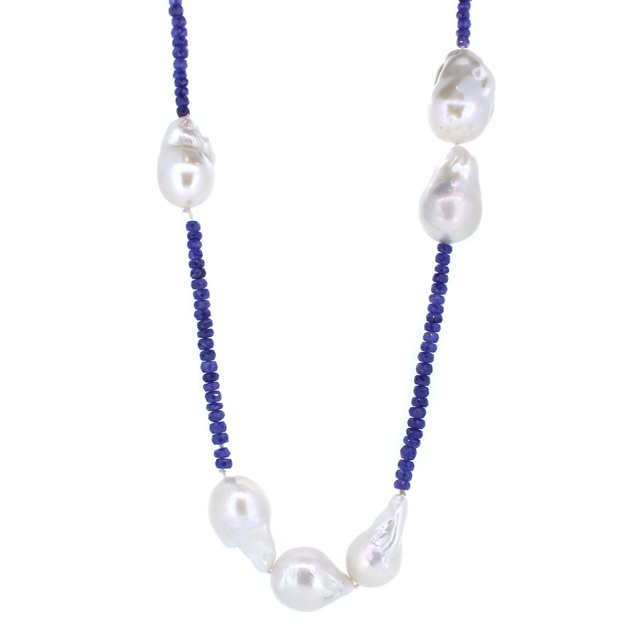 Baroque pearl and beaded sapphire necklace with 14KT yellow ...