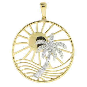 14KT yellow and white gold palm tree and sunset pendant with...