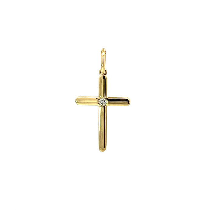18KT yellow gold cross pendant with 0.03ct flush set diamond