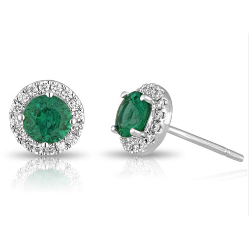 14KT white gold halo earrings with 0.84ctw round emeralds su...