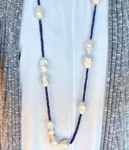 Baroque pearl and beaded sapphire necklace with 14KT yellow ...