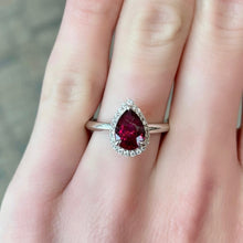 Load image into Gallery viewer, 18KT white gold ring with 1.55ct pear shape ruby, no heat, G...
