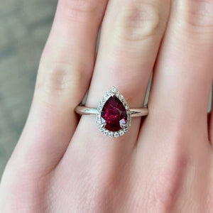 18KT white gold ring with 1.55ct pear shape ruby, no heat, G...