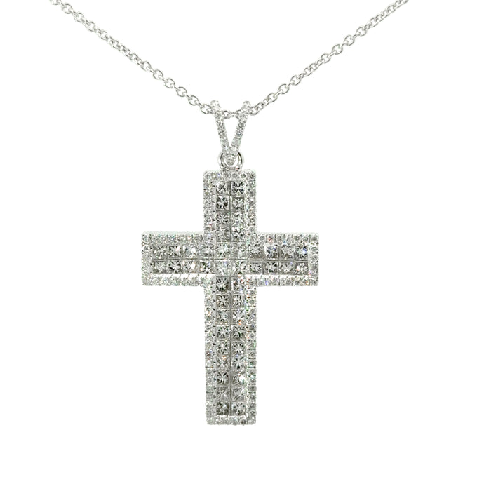 18KT White Gold Princess and Round Cross Pendant with 2.50ct...