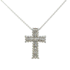 18KT White Gold Baguette and Round Cross Pendant with 2.10ct...