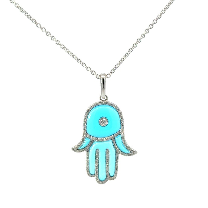 18KT White Gold Synthetic Blue Topaz Hamsa Pendant with 0.44...