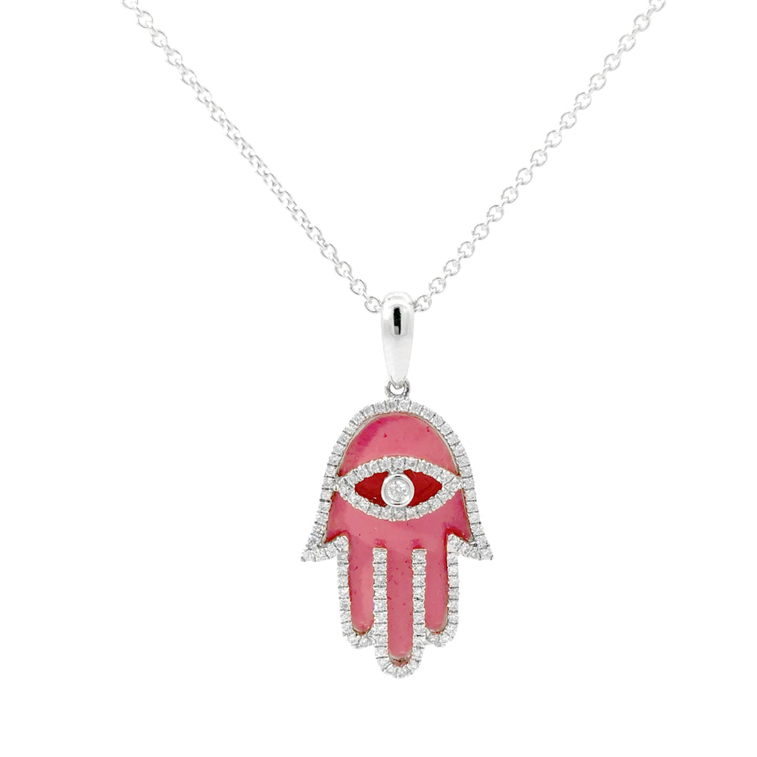 18KT White Gold Pink Enameled Hamsa Pendant with 0.35ctw dia...