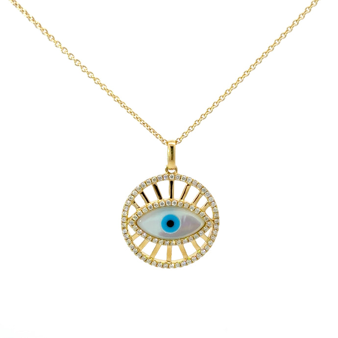 18KT Yellow Gold Mother of Pearl Evil Eye Pendant with 0.45c...