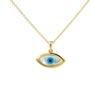 18KT Yellow Gold Mother of Pearl Evil Eye Pendant with 0.17c...