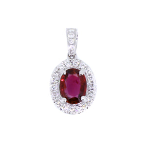 14KT white gold pendant with 1.03ct oval ruby and 0.20ctw ro...