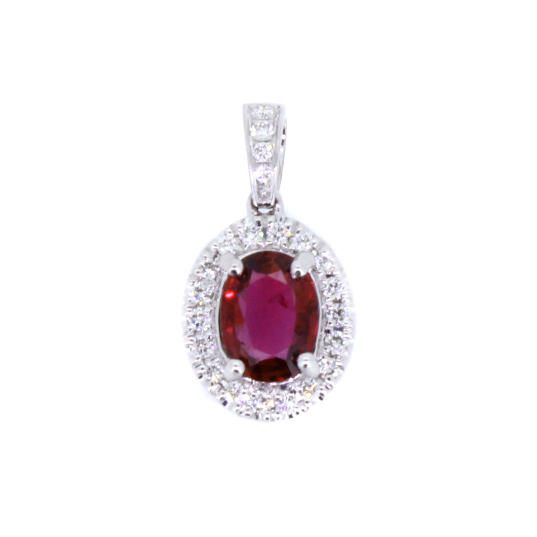 14KT white gold pendant with 1.03ct oval ruby and 0.20ctw ro...