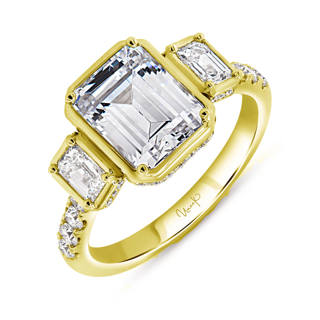 18KT Yellow Gold Emerald Cut Three Stone Engagement Ring wit...